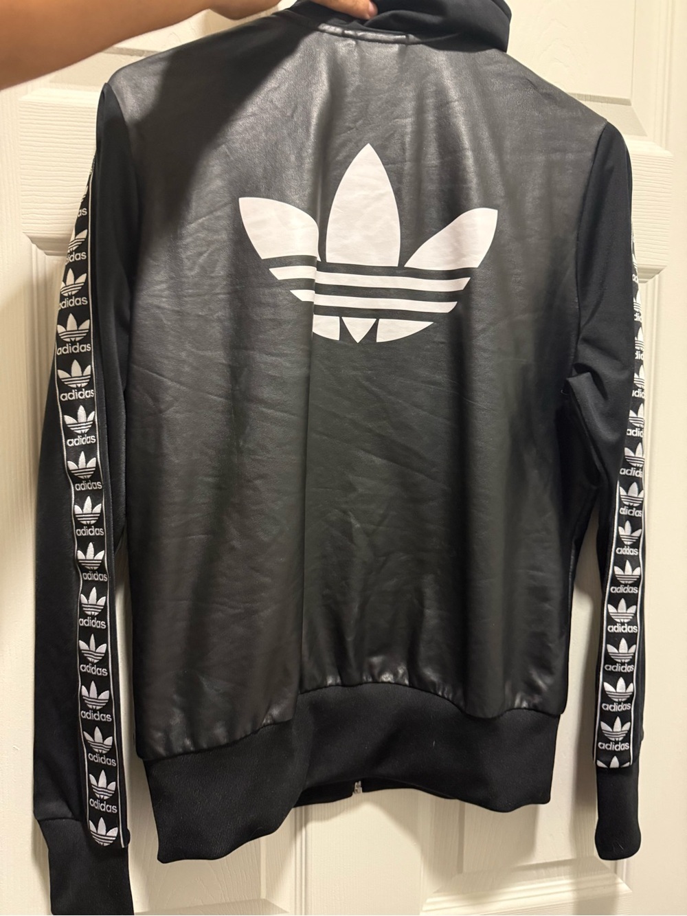 adidas Black Faux-Leather Trefoil Varsity Jacket with White Logo